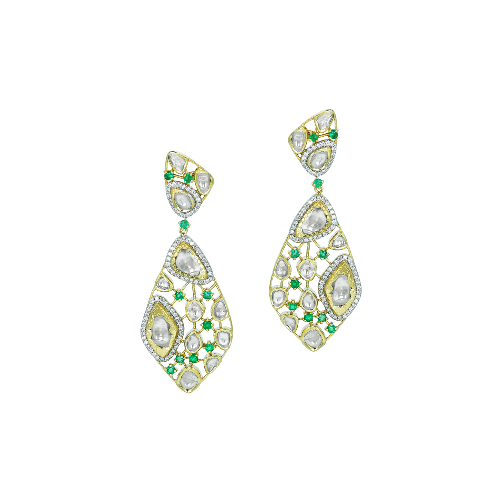 Polki Drop Earrings with Emerald Accents